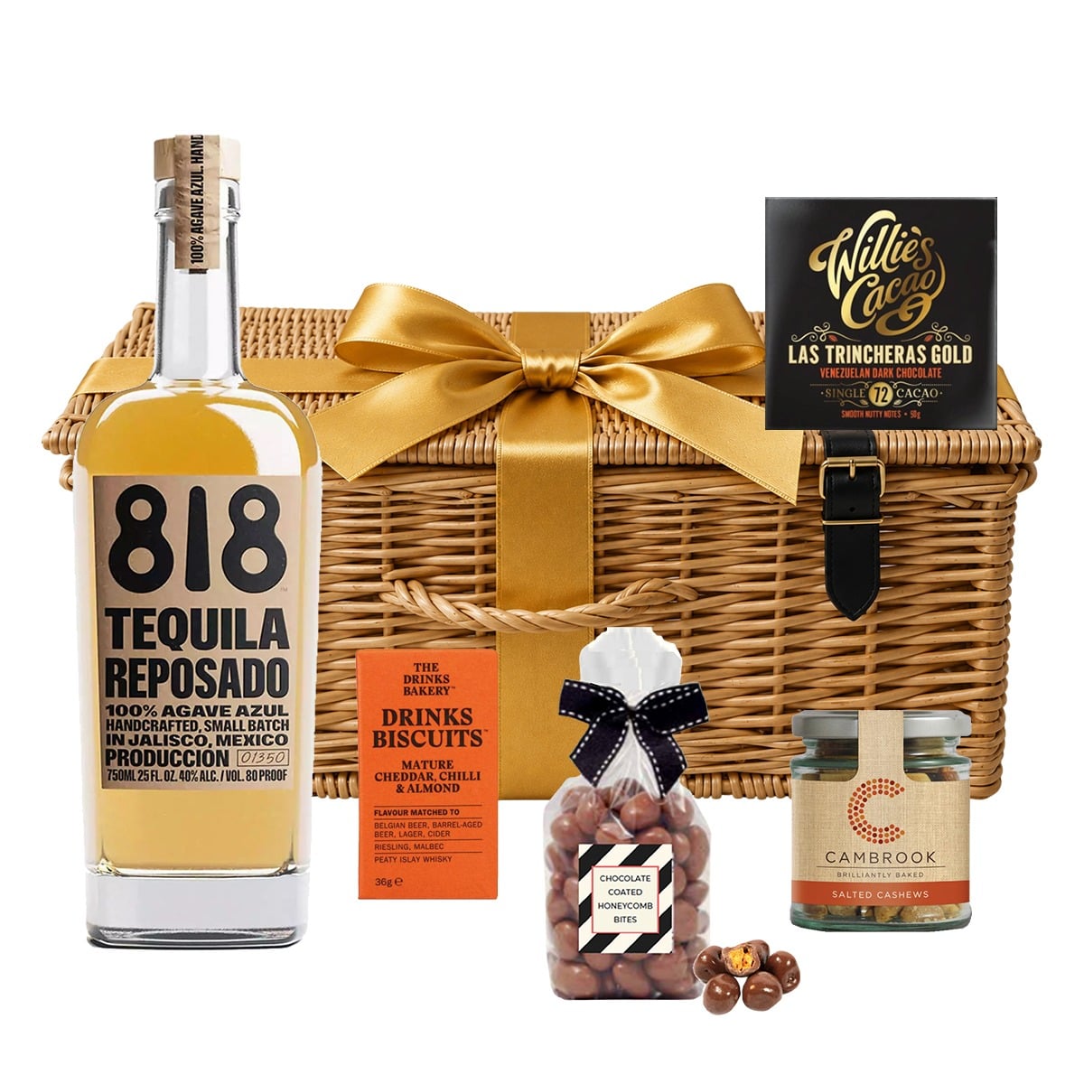 Wicker hamper with 818 Reposado Tequila, liqueur chocolate bottles, dark chocolate, cashews and savoury biscuits