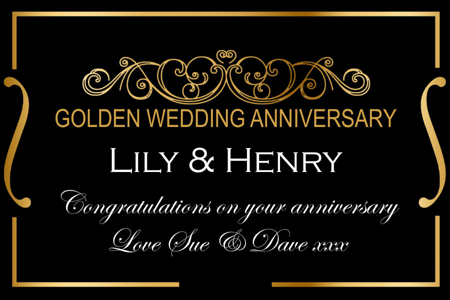 Glamorous black and gold Golden Wedding Anniversary Champagne label with ornate gold scrolls and the couple's names