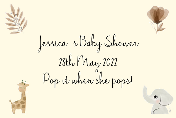 Baby shower Champagne label in cream with a giraffe, elephant and dried flowers – perfect to pop when she pops