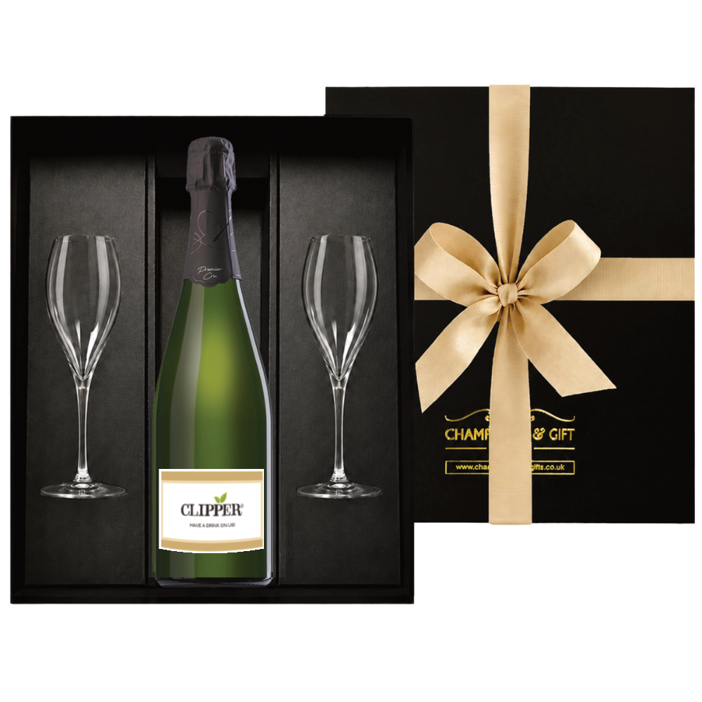 Corporate branded Premier Cru Champagne with your company logo, paired with two flutes in a decorative gift box