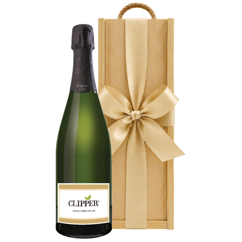 Corporate branded 1er Cru Brut Champagne with your company logo, presented in a classic wooden corporate gift box