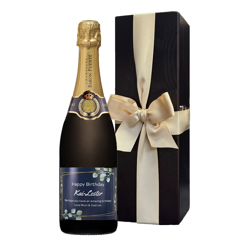 Champagne branded with logo. "The Cambridge" Classic Cuvée Champagne with your logo, in a dark wood box with silver silk lining.