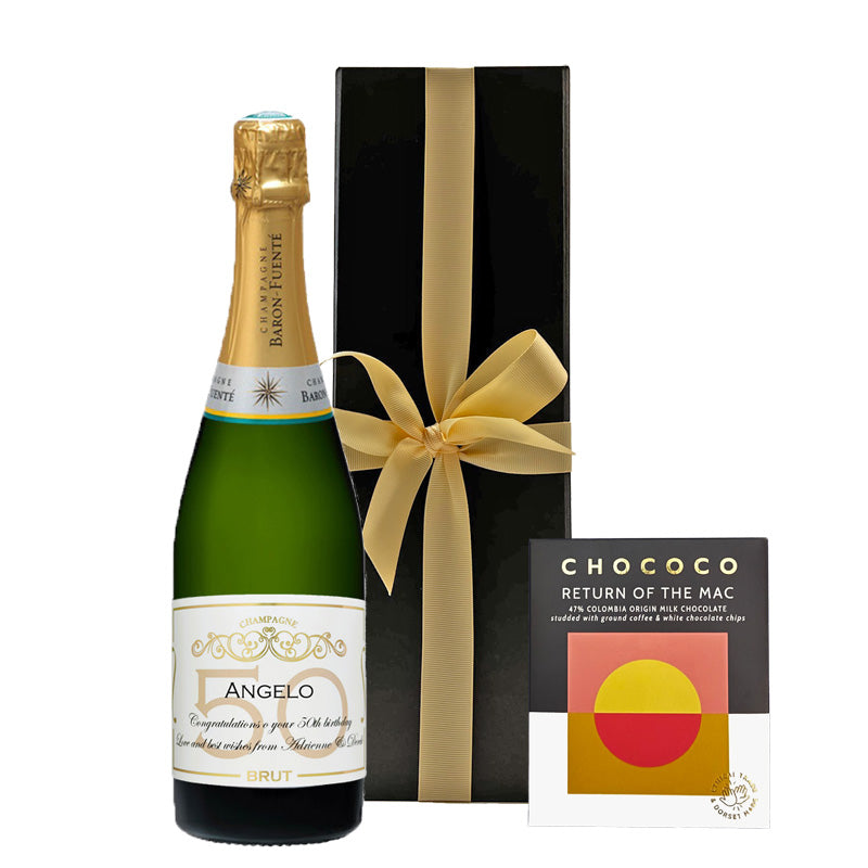 Personalised Champagne Classic Cuvee in Black Box - With Colombian Crushed Coffee Chocolate Bar