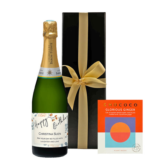 Personalised Champagne Classic Cuvee in White Box - With Ginger Dark Chocolate Bar