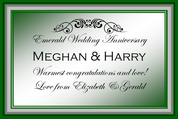 Emerald Wedding Anniversary Champagne label with a lush green frame, ornate scroll and personal anniversary wishes