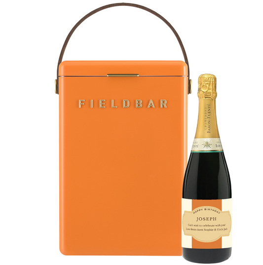 Personalised Champagne gift set paired with an Orchard Orange Fieldbar drinks cooler — a stylish celebration gift