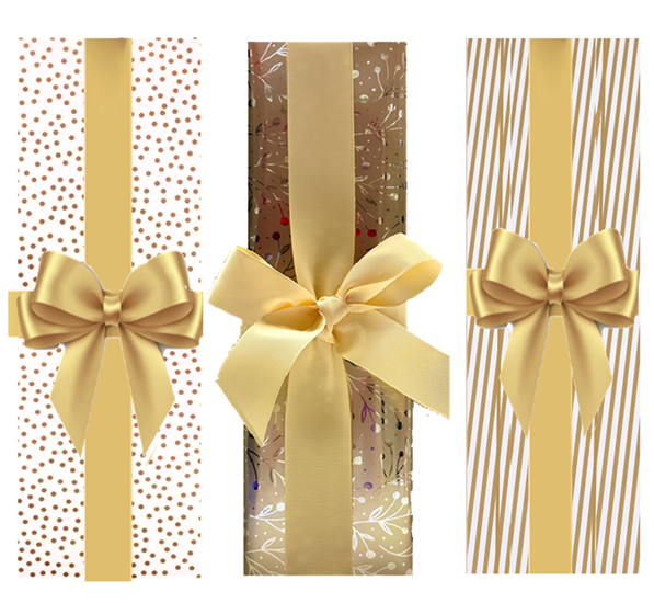 Three bottles hand-wrapped in gold dot, gold foliage and gold stripe papers with gold satin ribbon bows