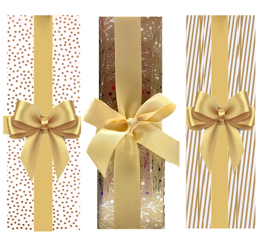 Three bottles hand-wrapped in gold dot, gold foliage and gold stripe papers with gold satin ribbon bows