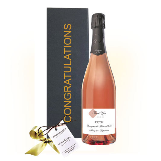 Personalised Congratulations Rosé Champagne gift beside a black gold-lettered Congratulations gift box with a hand-tied bow