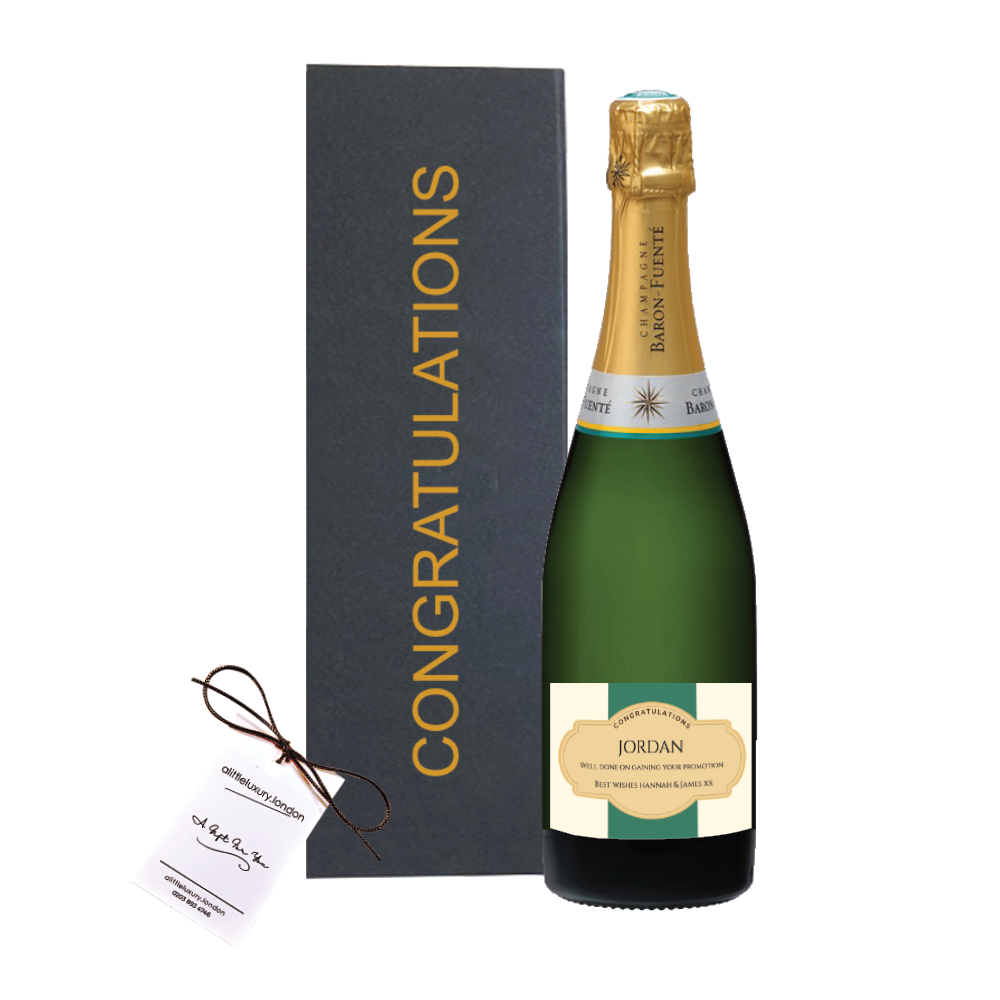 Personalised Congratulations Champagne gift beside a black gold-lettered Congratulations gift box with a hand-tied bow