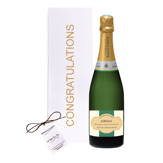 Personalised Congratulations Champagne gift beside a white gold-lettered Congratulations gift box with a hand-tied bow