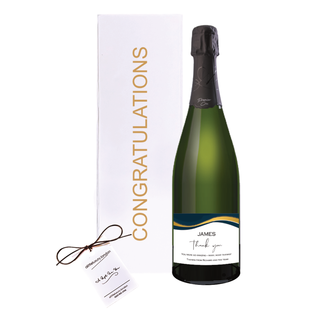 Personalised Congratulations Champagne gift beside a white gold-lettered Congratulations gift box with a hand-tied bow