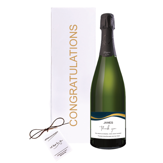 Personalised Congratulations Champagne gift beside a white gold-lettered Congratulations gift box with a hand-tied bow