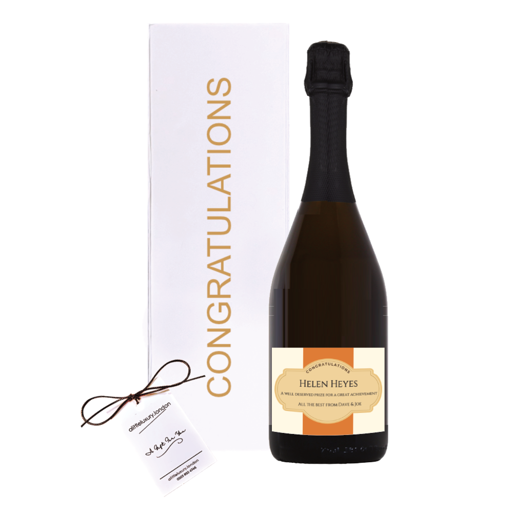 Personalised Congratulations Prosecco gift beside a white gold-lettered Congratulations gift box with a hand-tied bow
