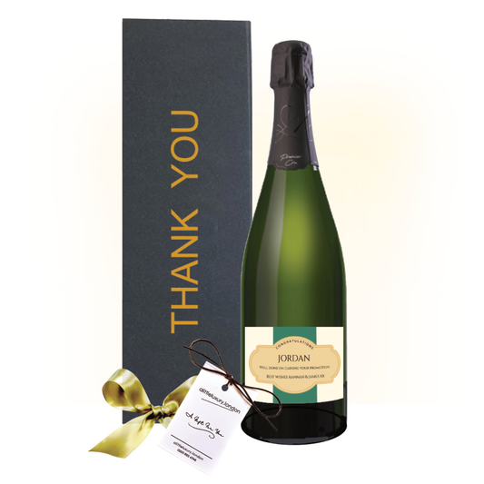 Personalised Thank You Champagne gift beside a black gold-lettered Thank You gift box with a large hand-tied bow