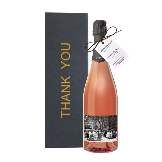 Personalised Thank You Rosé Champagne gift beside a black gold-lettered Thank You gift box with a hand-tied bow