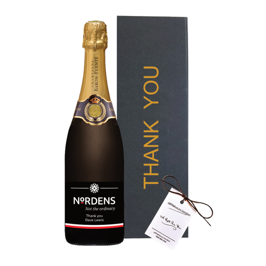 Personalised Thank You Champagne gift beside a black gold-lettered Thank You gift box with a hand-tied bow