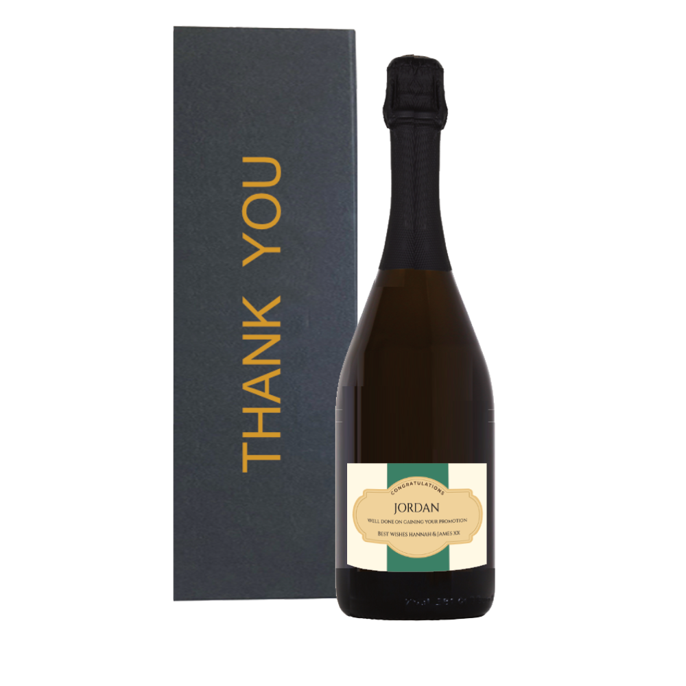 Personalised Thank You Prosecco gift beside a black gold-lettered Thank You gift box with a hand-tied bow