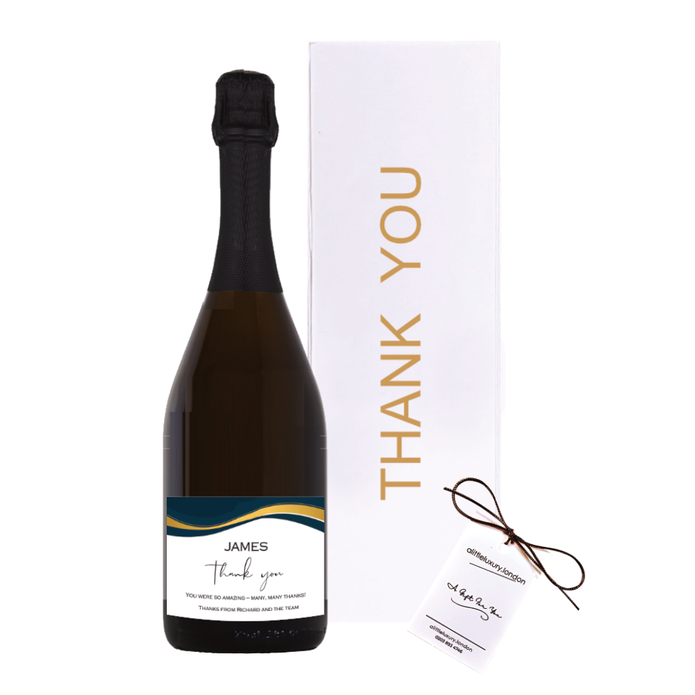 Personalised Thank You Prosecco gift beside a white gold-lettered Thank You gift box with a hand-tied bow