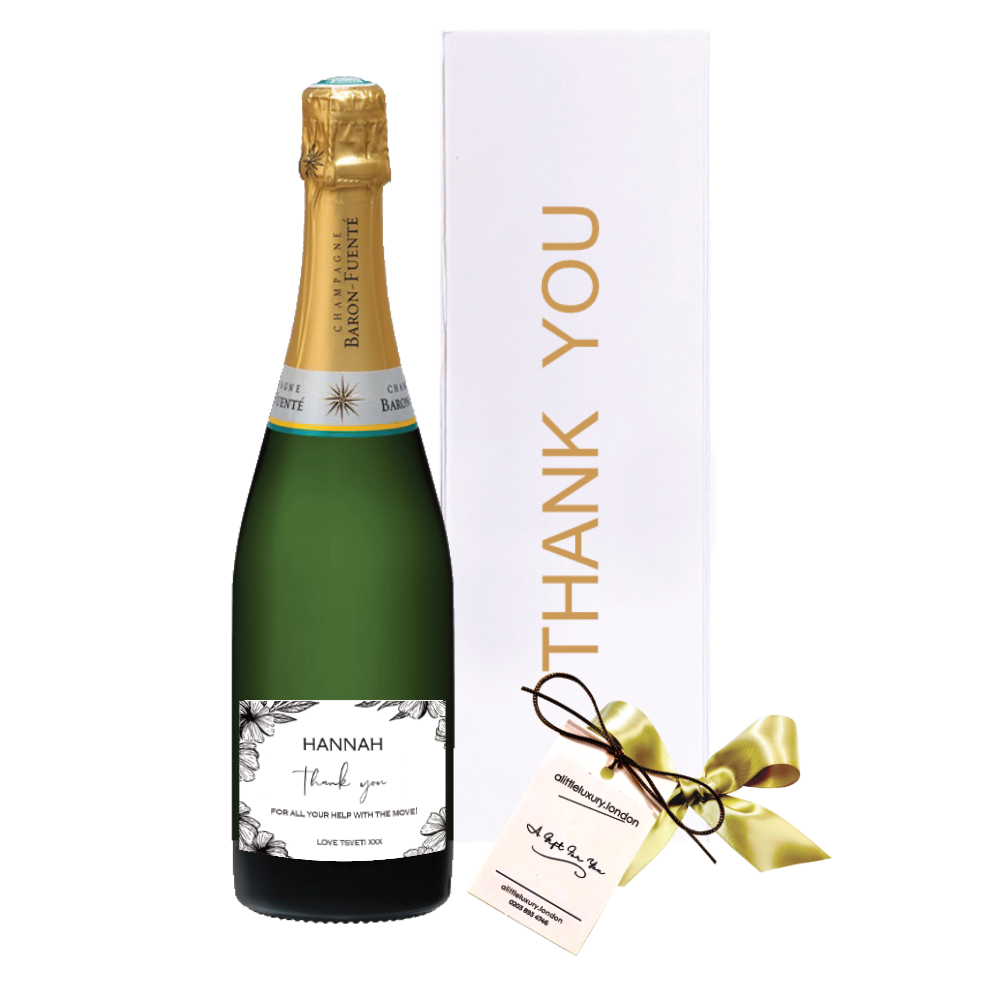 Personalised Thank You Champagne gift beside a white gold-lettered Thank You gift box with a large hand-tied bow