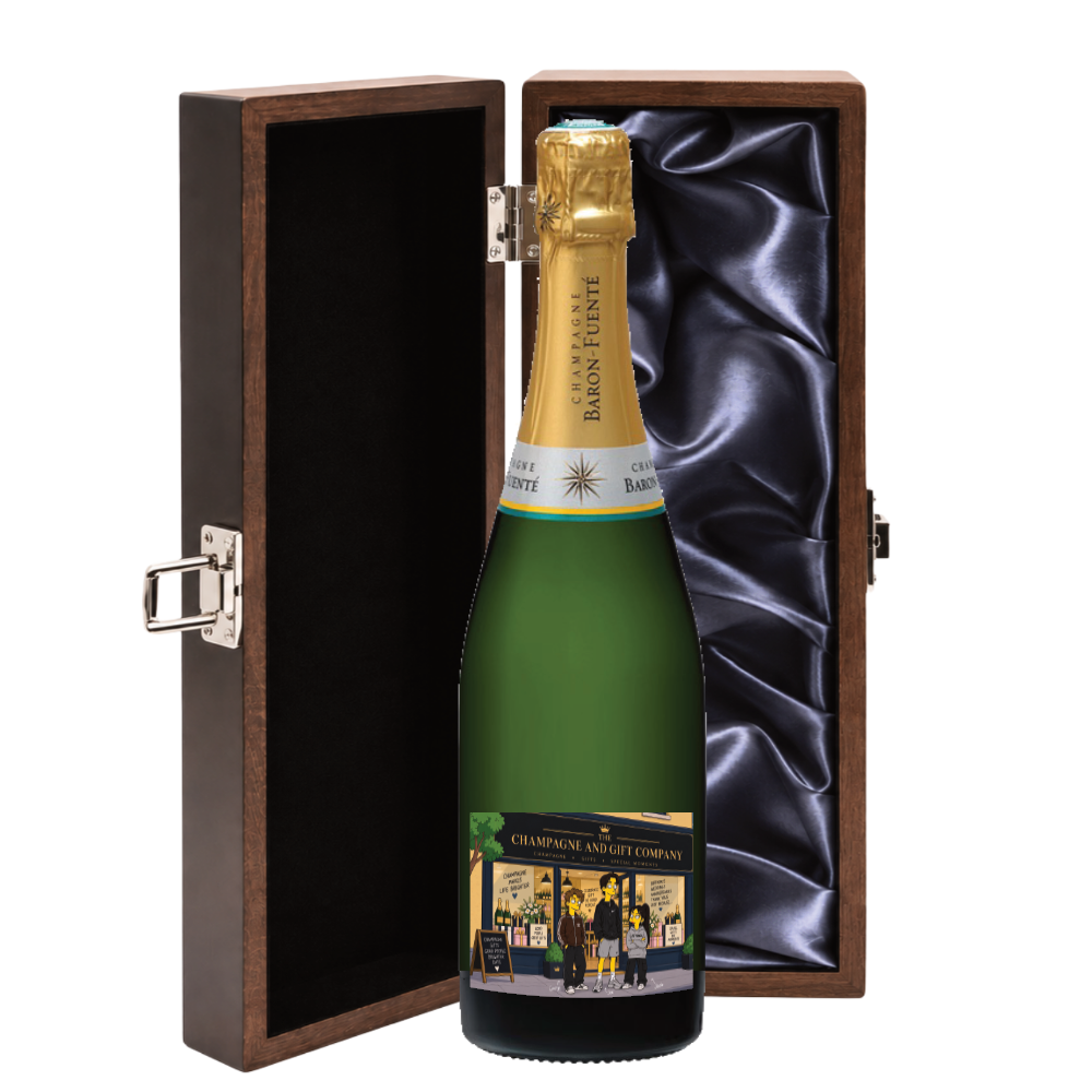 The Cambridge — corporate branded Classic Cuvée Champagne with your company logo, presented in a dark wood box with silver silk lining