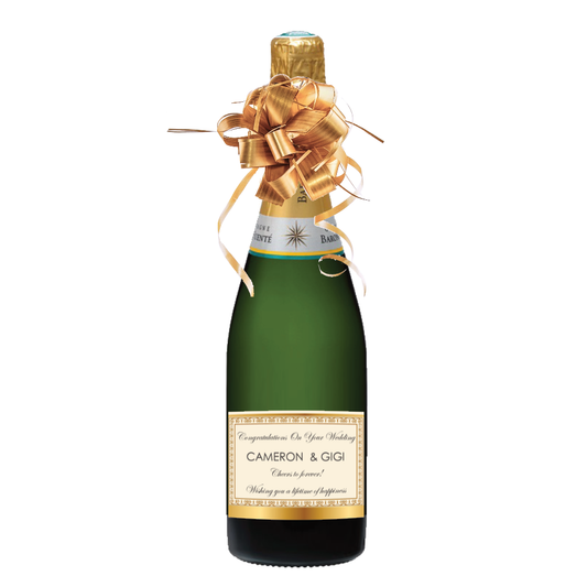 Premium personalised Champagne bottle with gold custom label featuring a name, message or photo — a stylish gift for weddings, birthdays and celebrations
