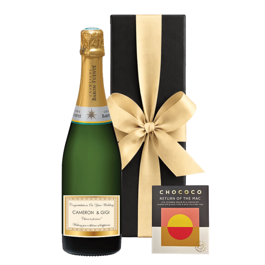 Personalised Champagne gift with gold label and Colombian crushed coffee chocolate bar, presented in a smart black box