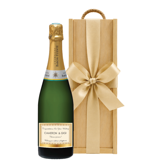 Personalised Champagne gift with gold label, presented in a decorative keepsake wooden gift box