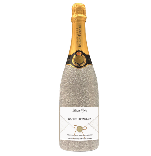 Eye-catching silver glitter personalised Grande Réserve Champagne bottle with gold label — a decorative celebration gift