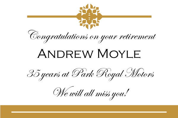 Classic gold retirement Champagne label with a gold motif and band and 'Congratulations on your retirement'