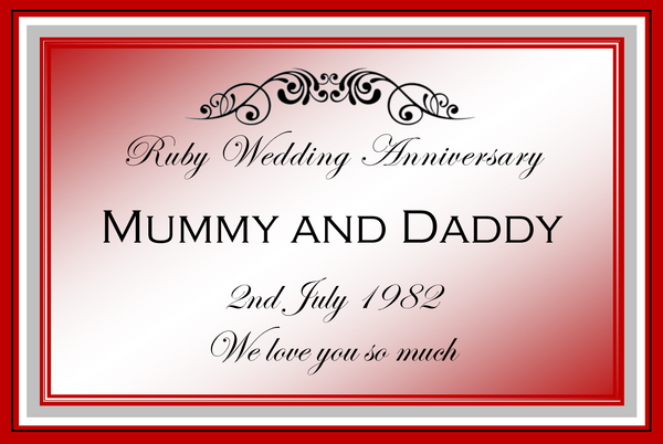 Ruby Wedding Anniversary Champagne label glowing with a rich red frame, the couple's names and your message