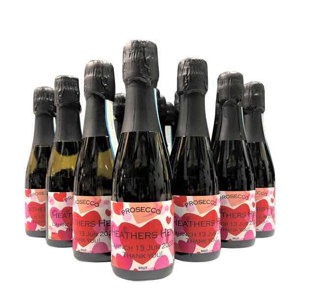 Personalised mini Champagne bottles with Valentine heart labels