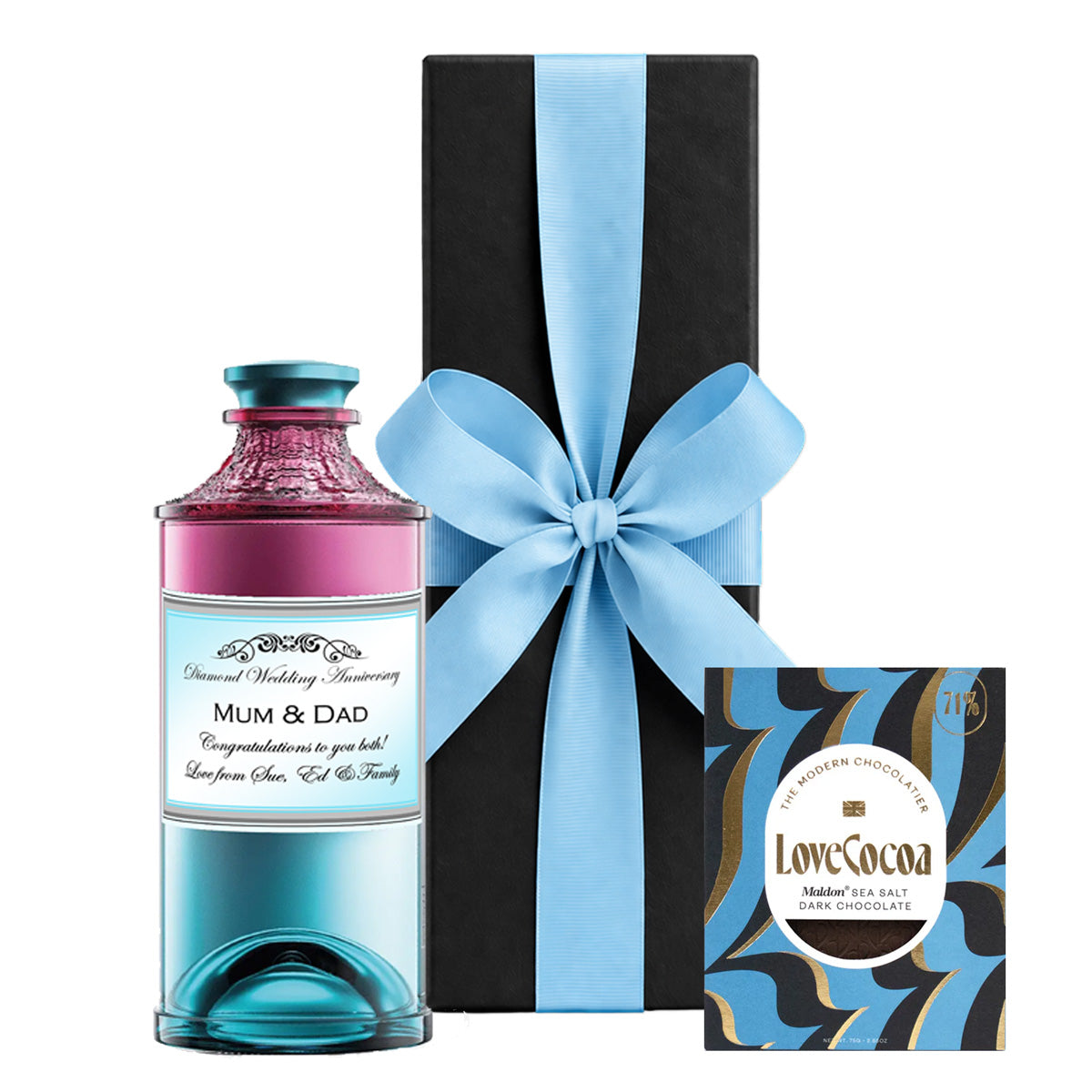 Personalised Ukiyo Japanese Blossom Gin - With Maldon Sea Salt Chocolate In A Black Gift Box
