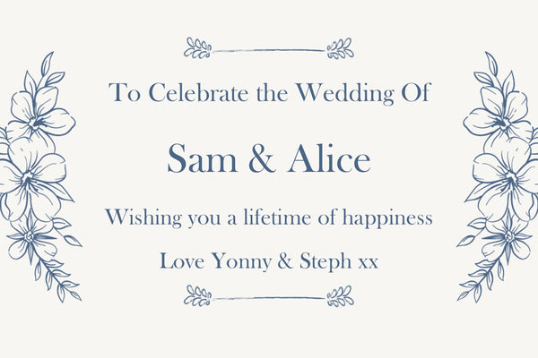 Romantic wedding Champagne label with blue hand-drawn florals and 'To Celebrate the Wedding Of' in soft script