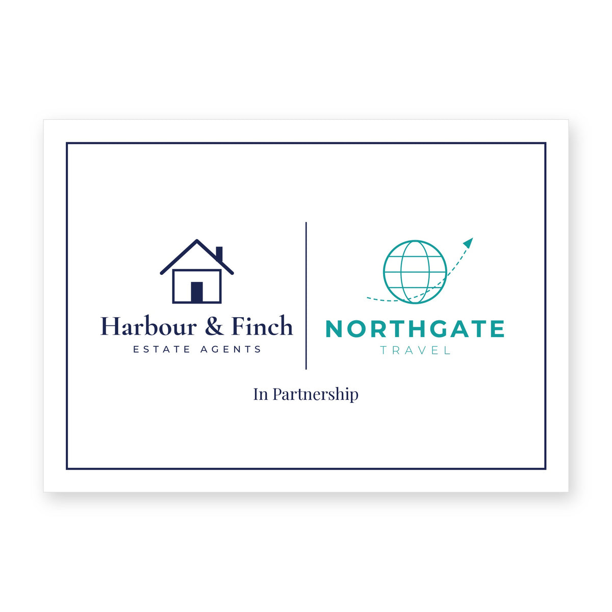 A6 corporate message card with two partner logos, example Harbour & Finch and Northgate, navy line border