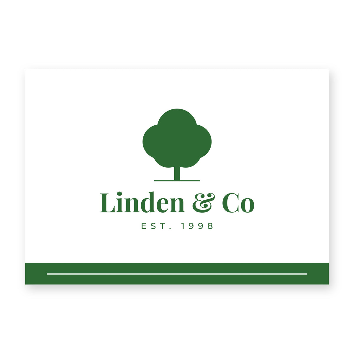 A6 corporate gift message card with a company logo, example Linden & Co with a green band along the bottom