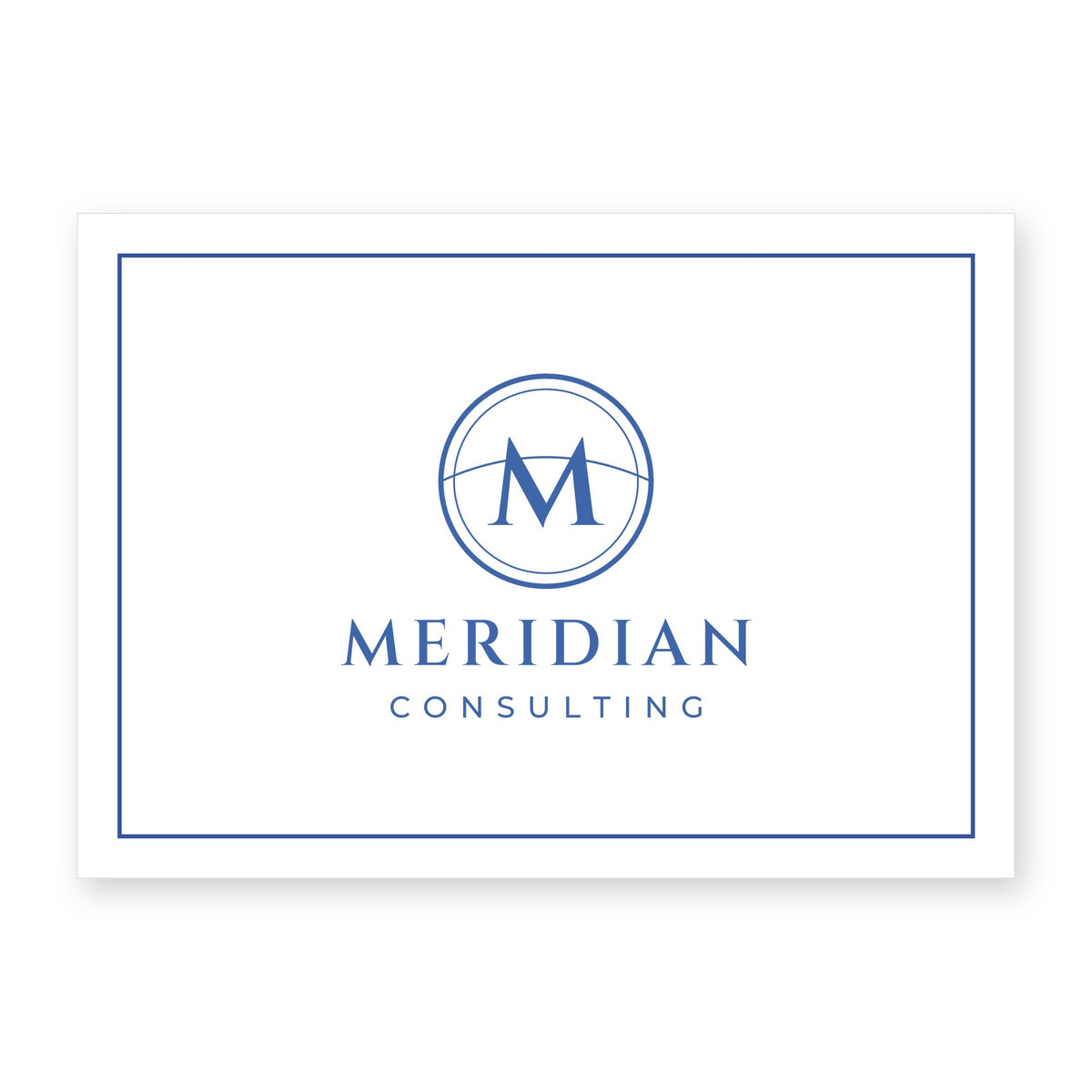 A6 gift message card with your company logo, shown with an example Meridian Consulting logo and blue border