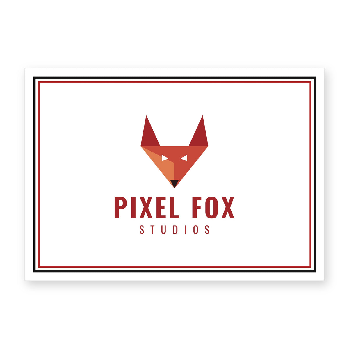 A6 corporate gift message card with a company logo, example Pixel Fox Studios, double red and black border