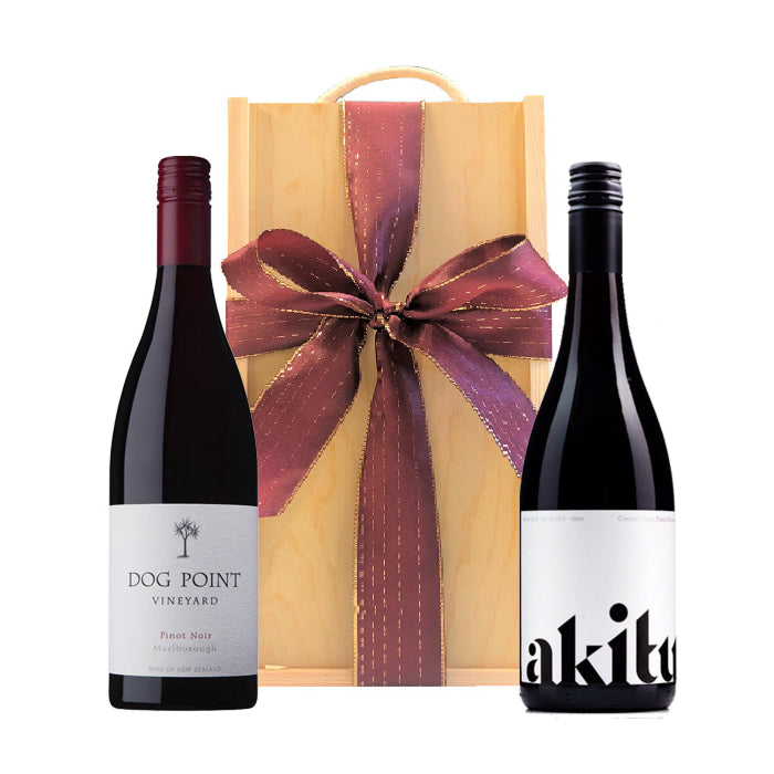 Dog Point and Akitu A2 Pinot Noir gift duo in a wooden presentation box