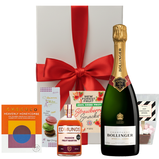 Bollinger Special Cuvee Champagne luxe treat box with cocktail, macarons and chocolate treats