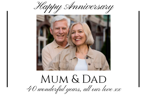 Happy Anniversary photo label printed with your own photo, the couple's names and a heartfelt message
