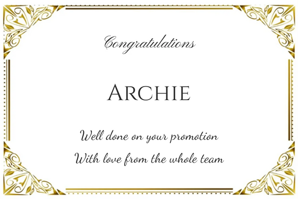 Classic personalised Champagne label with gilded gold corners on white, a name and an elegant script message