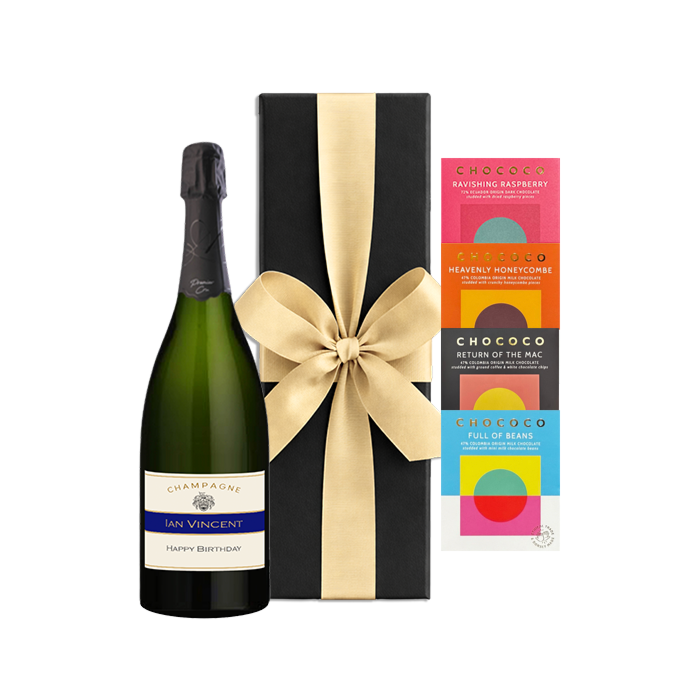 Personalised Champagne Magnum with Chococo chocolate bars, black box