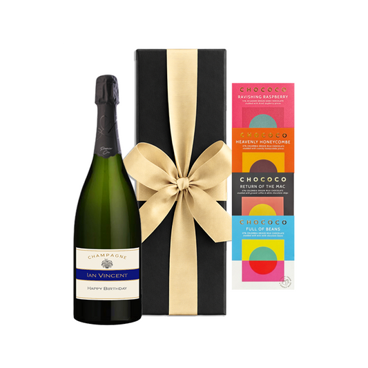 Personalised Champagne Magnum with Chococo chocolate bars, black box