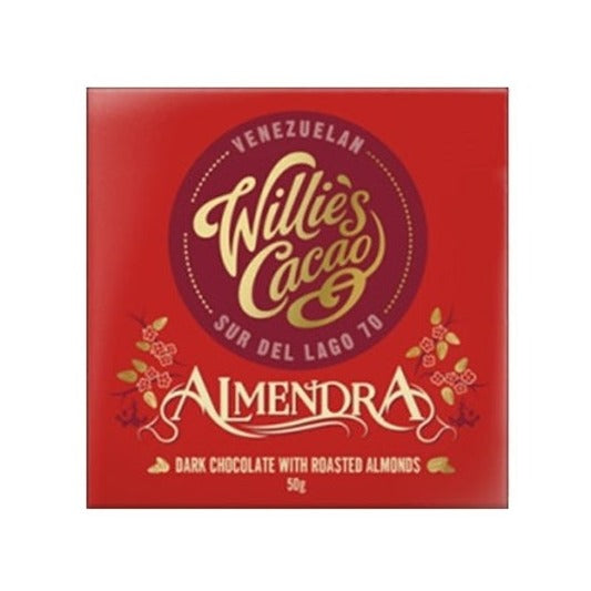 Willie's Cacao Almendra Venezuelan dark chocolate bar with roasted almonds in a red wrapper