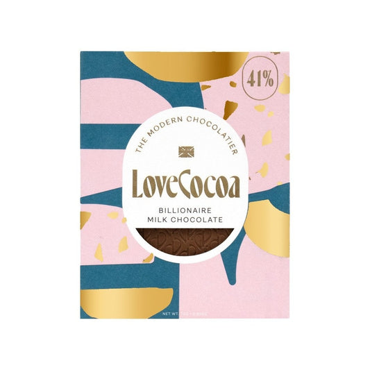 Love Cocoa Billionaire marbled milk and white chocolate bar in a pink and navy wrapper
