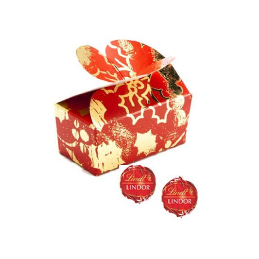 Gold butterfly-top chocolate box with two Swiss truffles in festive Christmas wrapping