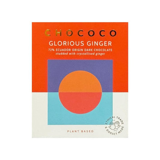 Chococo Glorious Ginger dark chocolate bar in an orange and purple wrapper