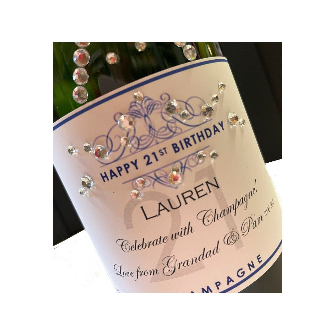Personalised 21st birthday Champagne label with crystal gems, 16 to 20 crystals