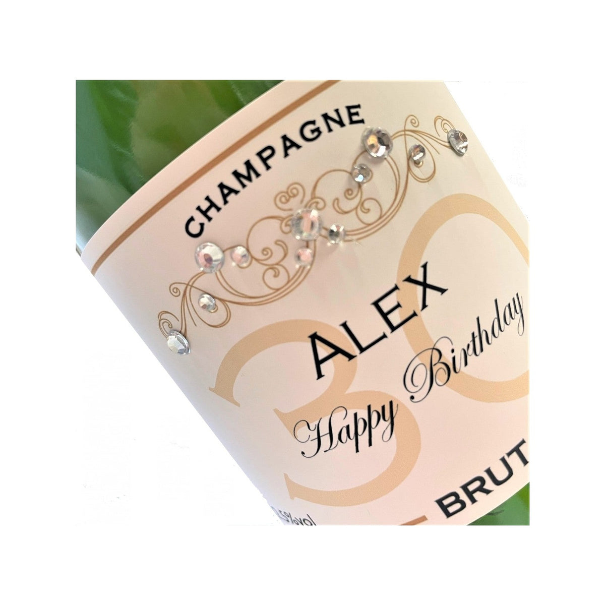 Personalised birthday Champagne label decorated with crystal gems, 11 to 15 crystals